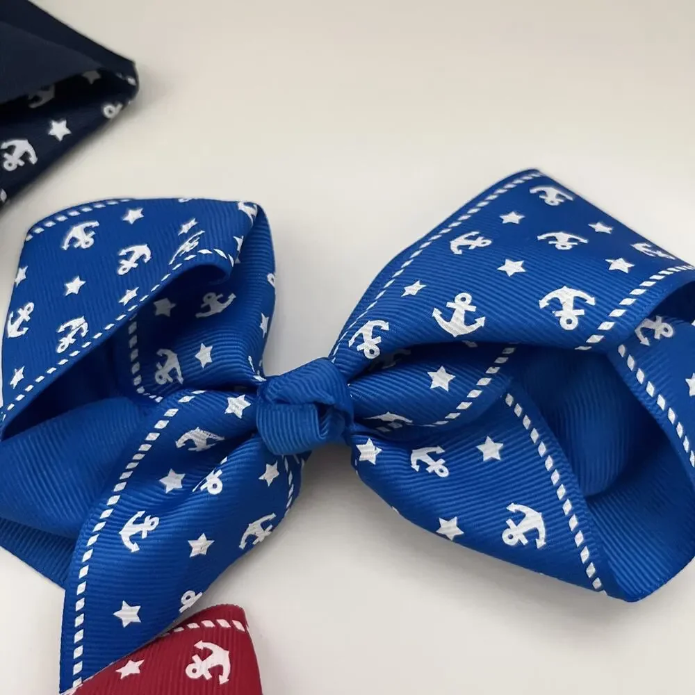 Lot Of 3 Ribbon Designed 6” Bow Clips Red Blue Light Blue Anchors Alligator